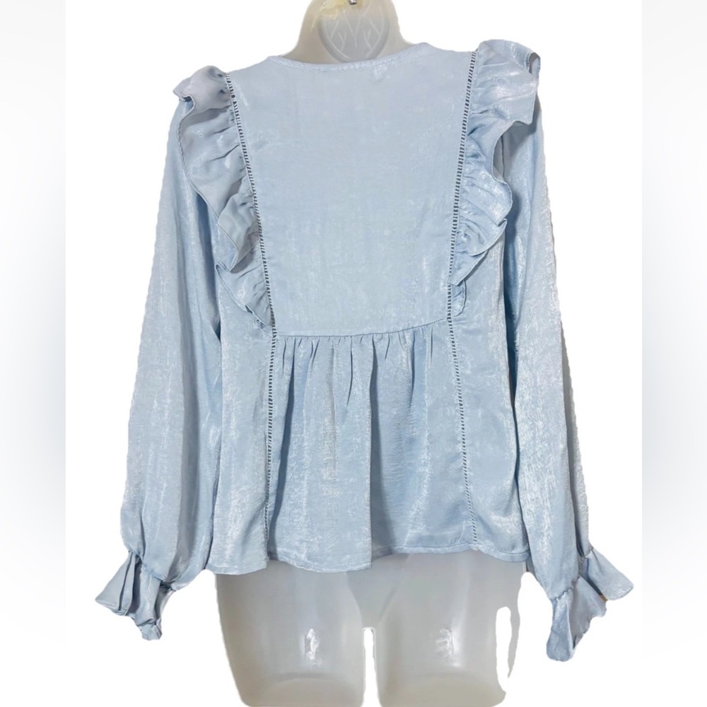 Altar'd State Womens XS Long Sleeve Babydoll Ruffle V-neck Feminine Blouse Blue - Picture 3 of 11